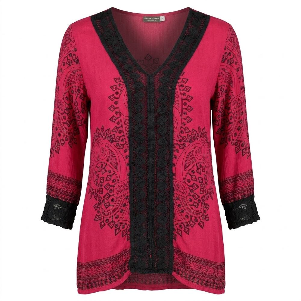 Earthbound Trading Co Pink Black Paisley Lace V-Neck Tunic Top Women Size S